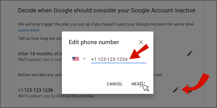 Step 4 Image shows first arrow to edit marketer, second arrow to phone number, and cursor pointer to next button