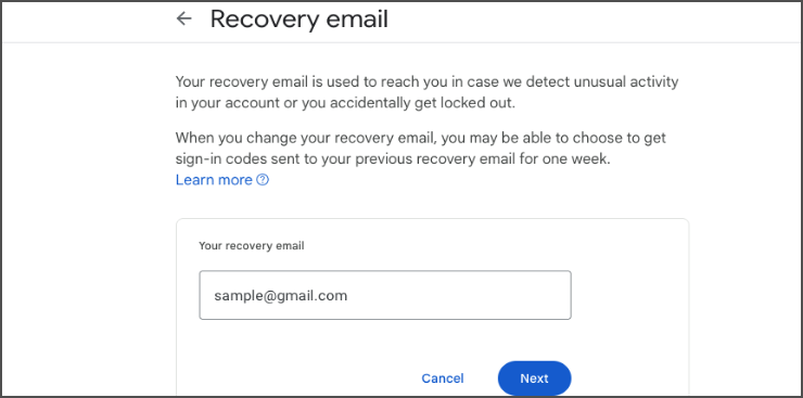 Step 5 shows the recover email setting page.